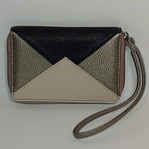 NWT Silpada Metallic Pewter Pebbled Zipper Wristlet Clutch Black Cream